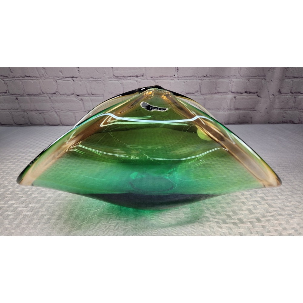 Vtg Murano Master Marked Art Sommerso Bowl Green Amber Centerpiece Lavorazio LG